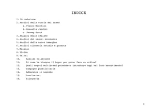 1	
INDICE
1. Introduzione
2. Analisi della storia del brand
a. Franco Moschino
b. Rossella Jardini
c. Jeremy Scott
3. Analisi delle sfilate 
4. Analisi dei negozi monomarca  
5. Analisi della nuova immagine
6. Analisi clientela attuale e passata
7. Mission
8. Vision
9. Valori  
10. Analisi collezione
11. Di cosa ha bisogno il buyer per poter fare un ordine?  
12. Quali negozi multibrand potrebbero introdurre  oggi nel loro assortimento?
13. Campagne pubblicitarie
14. Adiacenze in negozio  
15. Conclusioni  
16. Silografia
 