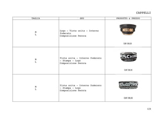124	
CAPPELLI
TAGLIA SKU PRODOTTO & PREZZO
M
L
Logo - Tinta unita - Interno
foderato
Composizione Pecora
M
L
Tinta unita - Interno foderato
- Stampa - Logo
Composizione Pecora
M
L
Tinta unita - Interno foderato
- Stampa - Logo
Composizione Pecora
 