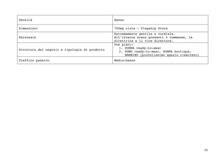 16	
Densità Bassa
Dimensioni 700mq circa - Flagship Store
Personale
Estremamente gentile e cordiale.
All’interno erano presenti 4 commesse, la
direttrice e il vice direttore.
Struttura del negozio e tipologia di prodotto
Due piani:
1. DONNA ready-to-wear
2. UOMO ready-to-wear, DONNA boutique,
BAMBINO (piccolissimo spazio riservato)
Traffico passivo Medio-basso
 