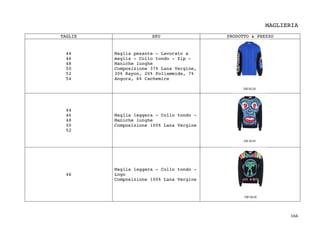 166	
MAGLIERIA
TAGLIE SKU PRODOTTO & PREZZO
44
46
48
50
52
54
Maglia pesante - Lavorato a
maglia - Collo tondo - Zip -
Maniche lunghe
Composizione 37% Lana Vergine,
30% Rayon, 20% Poliammide, 7%
Angora, 6% Cachemire
44
46
48
50
52
Maglia leggera - Collo tondo -
Maniche lunghe
Composizione 100% Lana Vergine
46
Maglia leggera - Collo tondo -
Logo
Composizione 100% Lana Vergine
 