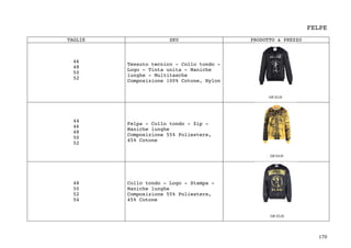 170	
FELPE
TAGLIE SKU PRODOTTO & PREZZO
46
48
50
52
Tessuto tecnico - Collo tondo -
Logo - Tinta unita - Maniche
lunghe - Multitasche
Composizione 100% Cotone, Nylon
44
46
48
50
52
Felpa - Collo tondo - Zip -
Maniche lunghe
Composizione 55% Poliestere,
45% Cotone
48
50
52
54
Collo tondo - Logo - Stampa -
Maniche lunghe
Composizione 55% Poliestere,
45% Cotone
 