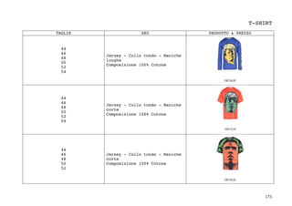 175	
T-SHIRT
TAGLIE SKU PRODOTTO & PREZZO
44
46
48
50
52
54
Jersey - Collo tondo - Maniche
lunghe
Composizione 100% Cotone
44
46
48
50
52
54
Jersey - Collo tondo - Maniche
corte
Composizione 100% Cotone
44
46
48
50
52
Jersey - Collo tondo - Maniche
corte
Composizione 100% Cotone
 