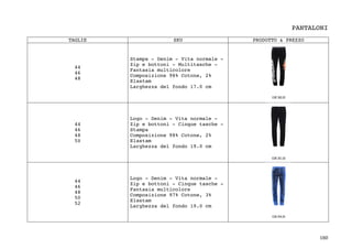 180	
PANTALONI
TAGLIE SKU PRODOTTO & PREZZO
44
46
48
Stampa - Denim - Vita normale -
Zip e bottoni - Multitasche -
Fantasia multicolore
Composizione 98% Cotone, 2%
Elastam
Larghezza del fondo 17.0 cm
44
46
48
50
Logo - Denim - Vita normale -
Zip e bottoni - Cinque tasche -
Stampa
Composizione 98% Cotone, 2%
Elastam
Larghezza del fondo 19.0 cm
44
46
48
50
52
Logo - Denim - Vita normale -
Zip e bottoni - Cinque tasche -
Fantasia multicolore
Composizione 97% Cotone, 3%
Elastam
Larghezza del fondo 19.0 cm
 
