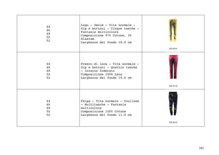 181	
44
46
48
50
52
Logo - Denim - Vita normale -
Zip e bottoni - Cinque tasche -
Fantasia multicolore
Composizione 97% Cotone, 3%
Elastam
Larghezza del fondo 18.0 cm
44
46
48
50
52
Fresco di lana - Vita normale -
Zip e bottoni - Quattro tasche
- Interno foderato
Composizione 100% Lana
Larghezza del fondo 19.0 cm
44
46
48
50
52
Felpa - Vita normale - Coulisse
- Multitasche - Fantasia
multicolore
Composizione 100% Cotone
Larghezza del fondo 11.0 cm
 