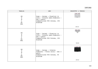 183	
INTIMO
TAGLIA SKU PRODOTTO & PREZZO
XS
S
M
L
XL
XXL
Logo - Jersey - Elastico in
vita - Interno semi-foderato -
Set 2 pezzi
Composizione 90% Cotone, 10%
Elastam
XS
S
M
L
XL
XXL
Logo - Jersey - Elastico in
vita - Interno semi-foderato -
Set 2 pezzi
Composizione 90% Cotone, 10%
Elastam
XS
S
M
L
XL
XXL
Logo - Jersey - Interno
foderato - Tinta unita - Set 2
pezzi
Composizione 95% Cotone, 5%
Elastam
 