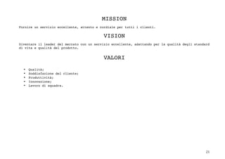 21	
MISSION
Fornire un servizio eccellente, attento e cordiale per tutti i clienti.
VISION
Diventare il leader del mercato con un servizio eccellente, adattando per la qualità degli standard
di vita e qualità del prodotto.
VALORI
• Qualità;
• Soddisfazione del cliente;
• Produttività;
• Innovazione;
• Lavoro di squadra.
	
	
	
	
	
	
	
	
	
	
	
	
	
	
 