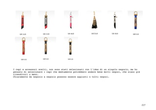217	
	
I capi e accessori scelti, non sono stati selezionati con l’idea di un singolo negozio, ma ho
pensato di selezionare i capi che mediamente potrebbero andare bene molti negozi, che siano già
rivenditori o meno.
Chiaramente da negozio a negozio possono essere aggiunti o tolti negozi.
 
