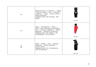 33	
40
Applicazioni in metallo - Crêpe
- Collo tondo - Zip - Interno
foderato - Logo - Tinta unita -
Senza maniche
Composizione 56% Cotone, 44%
Rayon
42
Logo - Similpelle - Raso -
Collo con scollatura profonda -
Zip - Interno foderato - Senza
maniche - Fantasia bicolore
Composizione 64% Rayon, 36%
Poliammide, Poliuretano
38
40
Logo - Crêpe - Zip - Interno
foderato - Senza maniche -
Tinta unita
Composizione 64% Triacetato,
36% Poliestere
 