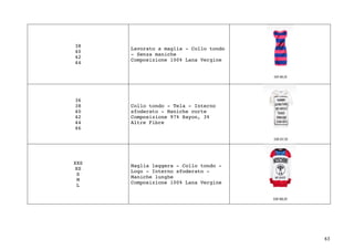 43	
38
40
42
44
Lavorato a maglia - Collo tondo
- Senza maniche
Composizione 100% Lana Vergine
36
38
40
42
44
46
Collo tondo - Tela - Interno
sfoderato - Maniche corte
Composizione 97% Rayon, 3%
Altre Fibre
XXS
XS
S
M
L
Maglia leggera - Collo tondo -
Logo - Interno sfoderato -
Maniche lunghe
Composizione 100% Lana Vergine
 