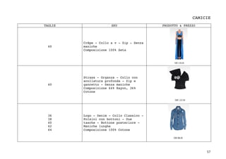57	
CAMICIE
TAGLIE SKU PRODOTTO & PREZZO
40
Crêpe - Collo a v - Zip - Senza
maniche
Composizione 100% Seta
40
Strass - Organza - Collo con
scollatura profonda - Zip e
gancetto - Senza maniche
Composizione 64% Rayon, 36%
Cotone
36
38
40
42
44
Logo - Denim - Collo Classico -
Polsini con bottoni - Due
tasche - Bottone posteriore -
Maniche lunghe
Composizione 100% Cotone
 