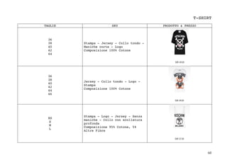 60	
T-SHIRT
TAGLIE SKU PRODOTTO & PREZZO
36
38
40
42
44
Stampa - Jersey - Collo tondo -
Maniche corte - Logo
Composizione 100% Cotone
36
38
40
42
44
46
Jersey - Collo tondo - Logo -
Stampa
Composizione 100% Cotone
XS
S
M
L
Stampa - Logo - Jersey - Senza
maniche - Collo con scollatura
profonda
Composizione 95% Cotone, 5%
Altre Fibre
 