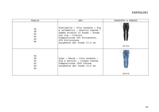 64	
PANTALONI
TAGLIE SKU PRODOTTO & PREZZO
36
38
40
42
44
46
Similpelle - Vita normale - Zip
e automatici - Quattro tasche -
Gamba stretta in fondo - Fondo
con zip - Cintura
Composizione 55% Poliestere,
45% Poliuretano
Larghezza del fondo 11.0 cm
36
38
40
42
44
46
Logo - Denim - Vita normale -
Zip e bottoni - Cinque tasche
Composizione 100% Cotone
Larghezza del fondo 14.0 cm
 