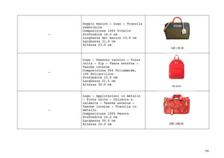 94	
-
Doppio manico - Logo - Tracolla
removibile
Composizione 100% Vitello
Profondità 16.0 cm
Lunghezza del manico 23.0 cm
Larghezza 31.0 cm
Altezza 23.0 cm
-
Logo - Tessuto tecnico - Tinta
unita - Zip - Tasca esterna -
Tasche interne
Composizione 90% Poliammide,
10% Poliacrilico
Profondità 10.0 cm
Larghezza 21.5 cm
Altezza 30.0 cm
-
Logo - Applicazioni in metallo
- Tinta unita - Chiusura a
calamita - Tasche esterne -
Tasche interne - Tracolla in
metallo
Composizione 100% Pecora
Profondità 10.0 cm
Larghezza 30.0 cm
Altezza 20.0 cm
 