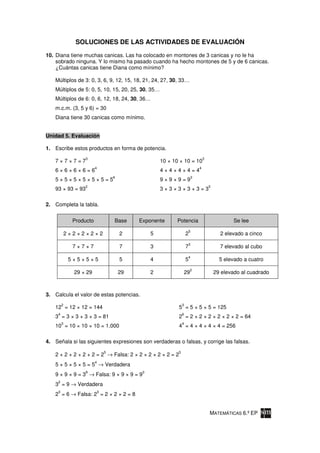 SOLUCIONES DE LAS ACTIVIDADES DE EVALUACIÓN

10. Diana tiene muchas canicas. Las ha colocado en montones de 3 canicas y no le ha
    sobrado ninguna. Y lo mismo ha pasado cuando ha hecho montones de 5 y de 6 canicas.
    ¿Cuántas canicas tiene Diana como mínimo?

    Múltiplos de 3: 0, 3, 6, 9, 12, 15, 18, 21, 24, 27, 30, 33…
    Múltiplos de 5: 0, 5, 10, 15, 20, 25, 30, 35…
    Múltiplos de 6: 0, 6, 12, 18, 24, 30, 36…
    m.c.m. (3, 5 y 6) = 30
    Diana tiene 30 canicas como mínimo.


Unidad 5. Evaluación

1. Escribe estos productos en forma de potencia.
                   3                                                               3
    7×7×7=7                                             10 × 10 × 10 = 10
                          4                                                    4
    6×6×6×6=6                                           4×4×4×4=4
                                      6                                    3
    5×5×5×5×5×5=5                                       9×9×9=9
                   2                                                                   5
    93 × 93 = 93                                        3×3×3×3×3=3

2. Completa la tabla.


               Producto               Base     Exponente       Potencia                            Se lee
                                                                       5
             2×2×2×2×2                    2         5                  2                     2 elevado a cinco
                                                                       3
               7×7×7                      7         3                  7                     7 elevado al cubo
                                                                       4
              5×5×5×5                     5         4                  5                     5 elevado a cuatro
                                                                           2
               29 × 29                    29        2              29                      29 elevado al cuadrado



3. Calcula el valor de estas potencias.
         2                                                         3
    12 = 12 × 12 = 144                                         5 = 5 × 5 × 5 = 125
     4                                                             6
    3 = 3 × 3 × 3 × 3 = 81                                     2 = 2 × 2 × 2 × 2 × 2 × 2 = 64
         3                                                         4
    10 = 10 × 10 × 10 = 1.000                                  4 = 4 × 4 × 4 × 4 = 256

4. Señala si las siguientes expresiones son verdaderas o falsas, y corrige las falsas.
                                  5                            5
    2 + 2 + 2 + 2 + 2 = 2 → Falsa: 2 × 2 × 2 × 2 × 2 = 2
                          4
    5 × 5 × 5 × 5 = 5 → Verdadera
                   9                            3
    9 × 9 × 9 = 3 → Falsa: 9 × 9 × 9 = 9
     2
    3 = 9 → Verdadera
     3                        3
    2 = 6 → Falsa: 2 = 2 × 2 × 2 = 8


                                                                                       MATEMÁTICAS 6.º EP
 