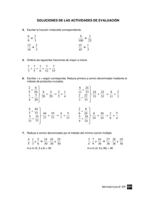 SOLUCIONES DE LAS ACTIVIDADES DE EVALUACIÓN

4. Escribe la fracción irreducible correspondiente.

    6     2                                      8      2
    9     3                                     100    25
    12     2                                    15    1
    18     3                                    45    3


5. Ordena las siguientes fracciones de mayor a menor.

    7 7 7   7   7
     > >  >   >
    3 5 6 12 15

6. Escribe > o < según corresponda. Reduce primero a común denominador mediante el
   método de productos cruzados.

     2   8                                      8 24
       =                                           =
     5 20       8   5  2 1                      11 33       24   22   8   2
                  >   → >                                      >    →   >
     1   5      20 20  5 4                      2 22        33   33   11 3
       =                                          =
     4 20                                       3 33

     4 44                                       2   8
       =                                          =
     7 77         44   35   4   5               6 24        8    30   2   5
     5 35            >    →   >                 5 30           <    →   <
        =         77   77   7 11                  =         24   24   6   4
     11 77                                      4 24


7. Reduce a común denominador por el método del mínimo común múltiplo.

    4 1 5         24 10 25                              3 7 10        27 28 10
     , y            ,  y                                 , y            ,  y
    5 3 6         30 30 30                              4 9 36        36 36 36
    m.c.m.(5, 3 y 6) = 30                             m.c.m.(4, 9 y 36) = 36




                                                                  MATEMÁTICAS 6.º EP
 