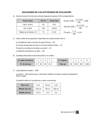 SOLUCIONES DE LAS ACTIVIDADES DE EVALUACIÓN

4. Calcula el precio final de estos artículos después de aplicar el IVA correspondiente.

                                                                                                   4 × 12,50
              Precio inicial               IVA (%)          Precio final         4% de 12,50 =               = 0,50
                                                                                                      100
              Libro: 12,50                    4%               13
                                                                                                   16 × 12,50
                                                                                 16% de 12,50 =               =2
              CD: 12,50                       16%             14,50                                   100

        Tableta de chocolate: 2               7%              2,14
                                                                                               7×2
                                                                                 7% de 2 =         = 0,14
                                                                                               100

5. Indica cuáles de las siguientes magnitudes son proporcionales entre sí.

    La cantidad de nubes y los litros de agua de lluvia → No
    El número de paquetes de chicle y el número total de chicles → Sí
    El peso de una bolsa de naranjas y su precio → Sí
    La edad de una persona y su peso → No

6. Completa estas tablas reduciendo primero a la unidad.

      N.º cajas de pinturas       1      3         5     7                 N.º yogures    1        4     5      8

         N.º de pinturas          12     36     60      84                  Peso (g)     125     500    625    1.000



7. ¿Qué significa la escala 1 : 250?

    La escala 1 : 250 significa que un centímetro medido en el dibujo a escala corresponde a
    250 cm reales.

    Completa la tabla con los datos de un plano a esa escala.

           Plano (cm)             5 cm              0,6 cm          2 cm

       Medida real (cm)        1.250 cm             150 cm       500 cm

        Medida real (m)           12,5 m            1,5 m           5m




                                                                              MATEMÁTICAS 6.º EP
 
