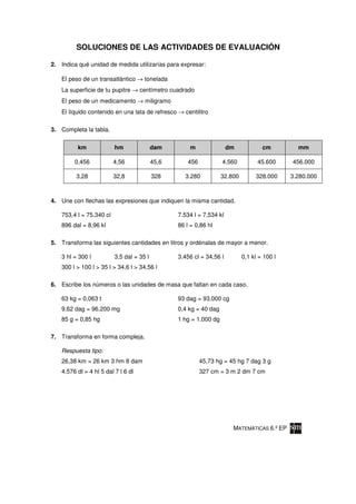 SOLUCIONES DE LAS ACTIVIDADES DE EVALUACIÓN

2. Indica qué unidad de medida utilizarías para expresar:

   El peso de un transatlántico → tonelada
   La superficie de tu pupitre → centímetro cuadrado
   El peso de un medicamento → miligramo
   El líquido contenido en una lata de refresco → centilitro

3. Completa la tabla.

         km              hm               dam        m                dm            cm         mm

        0,456            4,56             45,6       456           4.560          45.600     456.000

         3,28            32,8             328       3.280          32.800        328.000     3.280.000



4. Une con flechas las expresiones que indiquen la misma cantidad.

   753,4 l = 75.340 cl                           7.534 l = 7,534 kl
   896 dal = 8,96 kl                             86 l = 0,86 hl

5. Transforma las siguientes cantidades en litros y ordénalas de mayor a menor.

   3 hl = 300 l          3,5 dal = 35 l          3.456 cl = 34,56 l         0,1 kl = 100 l
   300 l > 100 l > 35 l > 34,6 l > 34,56 l

6. Escribe los números o las unidades de masa que faltan en cada caso.

   63 kg = 0,063 t                               93 dag = 93.000 cg
   9,62 dag = 96.200 mg                          0,4 kg = 40 dag
   85 g = 0,85 hg                                1 hg = 1.000 dg

7. Transforma en forma compleja.

   Respuesta tipo:
   26,38 km = 26 km 3 hm 8 dam                             45,73 hg = 45 hg 7 dag 3 g
   4.576 dl = 4 hl 5 dal 7 l 6 dl                          327 cm = 3 m 2 dm 7 cm




                                                                       MATEMÁTICAS 6.º EP
 