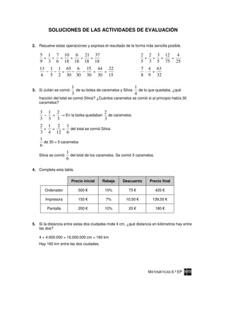 SOLUCIONES DE LAS ACTIVIDADES DE EVALUACIÓN


2. Resuelve estas operaciones y expresa el resultado de la forma más sencilla posible.

    5 1 7 10 6 21 37                                           2 2 3 12   4
     + + =  +  +  =                                             × × =   =
    9 3 6 18 18 18 18                                          5 3 5 75 25
    13 1 1 65 6     15 44 22                                   7 4 63
       –  – =  –  –   =  =                                      : =
     6   5 2 30 30 30 30 15                                    8 9 32

                        1                                   1
3. Si Julián se comió     de su bolsa de caramelos y Silvia   de lo que quedaba, ¿qué
                        3                                   4
   fracción del total se comió Silvia? ¿Cuántos caramelos se comió si al principio había 30
   caramelos?

    3 1 2                        2
     – =  → En la bolsa quedaban   de caramelos.
    3 3 3                        3
    2 1   2 1
     ×  =  =  del total se comió Silvia
    3 4 12 6
   1
      de 30 = 5 caramelos
   6
                   1
   Silvia se comió   del total de los caramelos. Se comió 5 caramelos.
                   6

4. Completa esta tabla.

                        Precio inicial   Rebaja     Descuento        Precio final

       Ordenador            500           15%           75               425

       Impresora            150            7%         10,50           139,50

        Pantalla            200           10%           20               180



5. Si la distancia entre estas dos ciudades mide 4 cm, ¿qué distancia en kilómetros hay entre
   las dos?

   4 × 4.000.000 = 16.000.000 cm = 160 km
   Hay 160 km entre las dos ciudades.




                                                                    MATEMÁTICAS 6.º EP
 
