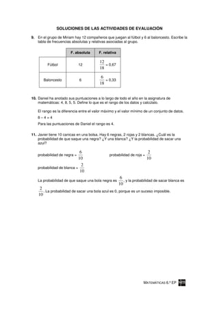 SOLUCIONES DE LAS ACTIVIDADES DE EVALUACIÓN

9. En el grupo de Miriam hay 12 compañeros que juegan al fútbol y 6 al baloncesto. Escribe la
   tabla de frecuencias absolutas y relativas asociadas al grupo.

                       F. absoluta      F. relativa

                                         12
         Fútbol               12            = 0,67
                                         18

                                          6
       Baloncesto             6             = 0,33
                                         18


10. Daniel ha anotado sus puntuaciones a lo largo de todo el año en la asignatura de
    matemáticas: 4, 8, 5, 5. Define lo que es el rango de los datos y calcúlalo.

   El rango es la diferencia entre el valor máximo y el valor mínimo de un conjunto de datos.
   8–4=4
   Para las puntuaciones de Daniel el rango es 4.

11. Javier tiene 10 canicas en una bolsa. Hay 6 negras, 2 rojas y 2 blancas. ¿Cuál es la
    probabilidad de que saque una negra? ¿Y una blanca? ¿Y la probabilidad de sacar una
    azul?

                               6                                         2
   probabilidad de negra =                     probabilidad de roja =
                              10                                        10
                               2
   probabilidad de blanca =
                              10
                                                       6
   La probabilidad de que saque una bola negra es        , y la probabilidad de sacar blanca es
                                                      10
     2
       . La probabilidad de sacar una bola azul es 0, porque es un suceso imposible.
    10




                                                                     MATEMÁTICAS 6.º EP
 