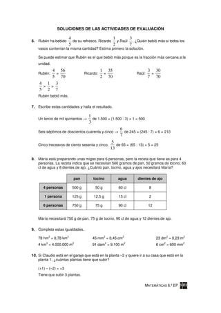 SOLUCIONES DE LAS ACTIVIDADES DE EVALUACIÓN

                       4                         1       3
6. Rubén ha bebido       de su refresco, Ricardo   y Raúl . ¿Quién bebió más si todos los
                       5                         2       7
    vasos contenían la misma cantidad? Estima primero la solución.

    Se puede estimar que Rubén es el que bebió más porque es la fracción más cercana a la
    unidad.
       4 56                                   1 35                           3 30
    Rubén:
         =                         Ricardo:    =                     Raúl:    =
       5 70                                   2 70                           7 70
    4 1 3
     > >
    5 2 7
    Rubén bebió más.

7. Escribe estas cantidades y halla el resultado.

                                     1
    Un tercio de mil quinientos →      de 1.500 = (1.500 : 3) × 1 = 500
                                     3
                                                           6
    Seis séptimos de doscientos cuarenta y cinco →           de 245 = (245 : 7) × 6 = 210
                                                           7
                                                      5
    Cinco treceavos de ciento sesenta y cinco.          de 65 = (65 : 13) × 5 = 25
                                                     13

8. María está preparando unas migas para 6 personas, pero la receta que tiene es para 4
   personas. La receta indica que se necesitan 500 gramos de pan, 50 gramos de tocino, 60
   cl de agua y 8 dientes de ajo. ¿Cuánto pan, tocino, agua y ajos necesitará María?


                           pan          tocino           agua        dientes de ajo

       4 personas          500 g         50 g             60 cl              8

       1 persona           125 g        12,5 g            15 cl              2

       6 personas          750 g         75 g             90 cl              12


    María necesitará 750 g de pan, 75 g de tocino, 90 cl de agua y 12 dientes de ajo.

9. Completa estas igualdades.
             2         2                        2           2                             2        2
    78 hm = 0,78 km                    45 mm = 0,45 cm                            23 dm = 0,23 m
         2                 2                     2           2                        2           2
    4 km = 4.000.000 m                 91 dam = 9.100 m                           6 cm = 600 mm

10. Si Claudio está en el garaje que está en la planta –2 y quiere ir a su casa que está en la
    planta 1, ¿cuántas plantas tiene que subir?

    (+1) – (–2) = +3
    Tiene que subir 3 plantas.

                                                                          MATEMÁTICAS 6.º EP
 