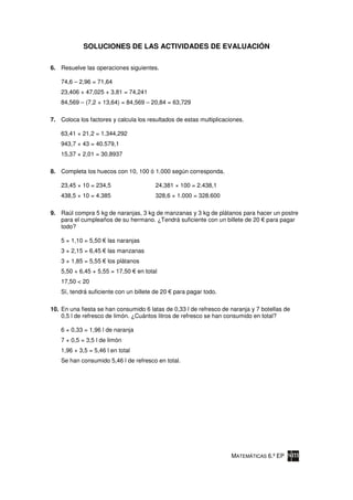 SOLUCIONES DE LAS ACTIVIDADES DE EVALUACIÓN

6. Resuelve las operaciones siguientes.

    74,6 – 2,96 = 71,64
    23,406 + 47,025 + 3,81 = 74,241
    84,569 – (7,2 + 13,64) = 84,569 – 20,84 = 63,729

7. Coloca los factores y calcula los resultados de estas multiplicaciones.

    63,41 × 21,2 = 1.344,292
    943,7 × 43 = 40.579,1
    15,37 × 2,01 = 30,8937

8. Completa los huecos con 10, 100 ó 1.000 según corresponda.

    23,45 × 10 = 234,5                    24,381 × 100 = 2.438,1
    438,5 × 10 = 4.385                    328,6 × 1.000 = 328.600

9. Raúl compra 5 kg de naranjas, 3 kg de manzanas y 3 kg de plátanos para hacer un postre
   para el cumpleaños de su hermano. ¿Tendrá suficiente con un billete de 20 para pagar
   todo?

    5 × 1,10 = 5,50   las naranjas
    3 × 2,15 = 6,45   las manzanas
    3 × 1,85 = 5,55   los plátanos
    5,50 + 6,45 + 5,55 = 17,50     en total
    17,50 < 20
    Sí, tendrá suficiente con un billete de 20   para pagar todo.

10. En una fiesta se han consumido 6 latas de 0,33 l de refresco de naranja y 7 botellas de
    0,5 l de refresco de limón. ¿Cuántos litros de refresco se han consumido en total?

    6 × 0,33 = 1,96 l de naranja
    7 × 0,5 = 3,5 l de limón
    1,96 + 3,5 = 5,46 l en total
    Se han consumido 5,46 l de refresco en total.




                                                                     MATEMÁTICAS 6.º EP
 