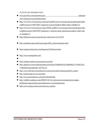 FUENTES DE INFORMATION:
    www.peocitíes.com/automatizacion                                               industrial
    www.mamma.com (automatización)
    http://74.125.47.132/search?q=cache:lq1Fxkg50VoJ:www.itescam.edu.mx/principal/sylabu
    s/fpdb/recursos/r14055.DOC+ingenieria+concurrente&cd=4&hl=es&ct=clnk&gl=es
    http://74.125.47.132/search?q=cache:7bPvB_JaZRYJ:www.itescam.edu.mx/principal/sylab
    us/fpdb/recursos/r14054.PPT+hardware+y+software+para+automatizacion&cd=1&hl=es&
    ct=clnk&gl=es
    http://biblioteca.itesm.mx/cgi-bin/nav/salta?cual=www:81365


    http://academic.uprm.edu/lrosario/page/4055_clases/automatico.htm


    http://campus.fortunecity.com/duquesne/623/home/m.htm


    http://www.monografias.com/


    http://sifunpro.tripod.com/automatizacion.htm
    http://digital.ni.com/worldwide/latam.nsf/web/all/A946B3967FE32BE08625717F001552C
    7?OpenDocument&node=165720_esa
    http://www-306.ibm.com/software/os/zseries/newsletter/mainstreamed10_es.html
    http://redem.buap.mx/t1cecena.html
    http://www.ipcommtronix.com/SolAutProInd.htm
    http://walk66.wordpress.com/2009/05/18/5-4-el-proceso-de-automatizacion-etapas-
    problemas-requerimientos-procedimientos-y-recomendaciones/
    http://www.auting-control.com/esp/ceres_esp.htm




SISTEMAS DE MANUFACTURA                                                          Página 25
 