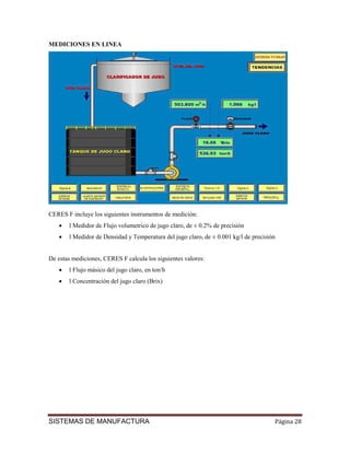 MEDICIONES EN LINEA




CERES F incluye los siguientes instrumentos de medición:
   •   l Medidor de Flujo volumetrico de jugo claro, de ± 0.2% de precisión
   •   l Medidor de Densidad y Temperatura del jugo claro, de ± 0.001 kg/l de precisión


De estas mediciones, CERES F calcula los siguientes valores:
   •   l Flujo másico del jugo claro, en ton/h
   •   l Concentración del jugo claro (Brix)




SISTEMAS DE MANUFACTURA                                                               Página 28
 