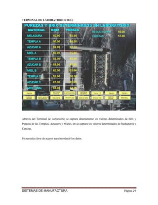 TERMINAL DE LABORATORIO (TOL)




Através del Terminal de Laboratorio se captura directamente los valores determinados de Brix y
Purezas de las Templas, Azucares y Mieles, en se captura los valores determinados de Reductores y
Cenizas.


Se necesita clave de acceso para introducir los datos.




SISTEMAS DE MANUFACTURA                                                               Página 29
 