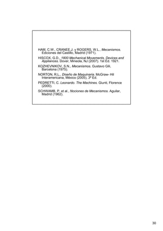 HAM, C.W., CRANEE.J. y ROGERS, W.L., Mecanismos.
Ediciones del Castillo, Madrid (1971).
HISCOX, G.D., 1800 Mechanical Movements, Devices and
Appliances. Dover, Mineola, NJ (2007). 1st Ed. 1921.
KOZHEVNIKOV, S.N., Mecanismos. Gustavo Gili,
Barcelona (1975).
NORTON, R.L., Diseño de Maquinaria. McGraw- Hil
Interamericana, México (2005), 3ª Ed.
PEDRETTI, C. Leonardo. The Machines. Giunti, Florence
(2000).
SCHWAMB, P. et al., Nociones de Mecanismos. Aguilar,
Madrid (1962).

30

 
