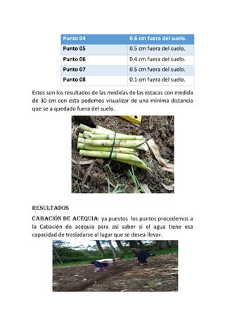 Estos son los resultados de las medidas de las estacas con medida
de 30 cm con esta podemos visualizar de una mínima distancia
que se a quedado fuera del suelo.
Resultados
Cabación de acequia: ya puestos los puntos procedemos a
la Cabación de acequia para así saber si el agua tiene esa
capacidad de trasladarse al lugar que se desea llevar.
Punto 04 0.6 cm fuera del suelo.
Punto 05 0.5 cm fuera del suelo.
Punto 06 0.4 cm fuera del suelo.
Punto 07 0.5 cm fuera del suelo.
Punto 08 0.1 cm fuera del suelo.
 
