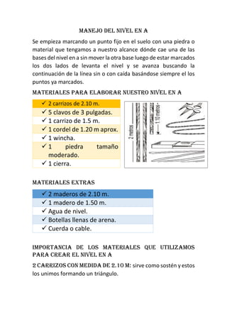 MANEJO DEL NIVEL EN A
Se empieza marcando un punto fijo en el suelo con una piedra o
material que tengamos a nuestro alcance dónde cae una de las
bases del nivel en a sin mover la otra base luego de estar marcados
los dos lados de levanta el nivel y se avanza buscando la
continuación de la línea sin o con caída basándose siempre el los
puntos ya marcados.
Materiales para elaborar nuestro nivel en a
✓ 2 carrizos de 2.10 m.
✓ 5 clavos de 3 pulgadas.
✓ 1 carrizo de 1.5 m.
✓ 1 cordel de 1.20 m aprox.
✓ 1 wincha.
✓ 1 piedra tamaño
moderado.
✓ 1 cierra.
Materiales extras
✓ 2 maderos de 2.10 m.
✓ 1 madero de 1.50 m.
✓ Agua de nivel.
✓ Botellas llenas de arena.
✓ Cuerda o cable.
Importancia de los materiales que utilizamos
para crear el nivel en a
2 carrizos con medida de 2.10 m: sirve como sostén y estos
los unimos formando un triángulo.
 