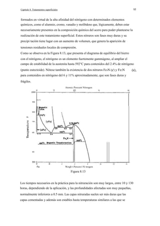 95

Capítulo 8. Tratamientos superficiales

formados en virtud de la alta afinidad del nitrógeno con determinados elementos
químicos, como el alumnio, cromo, vanadio y molibdeno que, lógicamente, deben estar
necesariamente presentes en la composición química del acero para poder plantearse la
realización de este tratamiento superficial. Estos nitruros son fases muy duras y su
precipi tación tiene lugar con un aumento de volumen, que genera la aparición de
tensiones residuales locales de compresión.
Como se observa en la Figura 8.13, que presenta el diagrama de equilibrio del hierro
con el nitrógeno, el nitrógeno es un elemento fuertemente gammágeno, al ampliar el
campo de estabilidad de la austenita hasta 592°C para contenidos del 2.4% de nitrógeno
(punto eutectoide). Nótese también la existencia de dos nitruros Fe4N (y') y Fe2N
para contenidos en nitrógeno del 6 y 11% aproximadamente, que son fases duras y
frágiles.
o

Atomic Percent Nitrogen
40

30

10

912°C

900

800

uo
700

600

0.10

400

o
Fe

4

6

8

ID

12

14

Weigh t Percen t Ni trogen

Figura 8.13
Los tiempos necesarios en la práctica para la nitruración son muy largos, entre 10 y 130
horas, dependiendo de la aplicación, y las profundidades afectadas son muy pequeñas,
normalmente inferiores a 0.5 mm. Las capas nitruradas suelen ser más duras que las
capas cementadas y además son estables hasta temperaturas similares a las que se

 