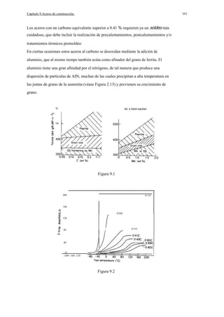 101

Capítulo 9.Aceros de construcción.

Los aceros con un carbono equivalente superior a 0.41 % requieren ya un soldeo más
cuidadoso, que debe incluir la realización de precalentamientos, postcalentamientos y/o
tratamientos térmicos postsoldeo
En ciertas ocasiones estos aceros al carbono se desoxidan mediante la adición de
aluminio, que al mismo tiempo también actúa como afinador del grano de ferrita. El
aluminio tiene una gran afinidad por el nitrógeno, de tal manera que produce una
dispersión de partículas de AIN, muchas de las cuales precipitan a alta temperatura en
las juntas de grano de la austenita (véase Figura 2.13) y previenen su crecimiento de
grano.

ss

600 -

Salid salutian

I

E

z

500
e

0·25

Figura 9.1

200

0·11C

160
0'20C
120

e

0·31C

80

40

O
-200 -160 -120

Figura 9.2

 