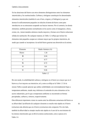 Capítulo 1. Fases y estructuras

4

En las aleaciones del hierro con otros elementos distinguiremos entre los elementos
intersticiales y los sustitucionales. Carbono y nitrógeno constituyen los denominados
elementos intersticiales (también lo son el boro, oxígeno y el hidrógeno) ya que son
átomos lo suficientemente pequeños en relación al átomo de hierro como para
introducirse en su estructuras ocupando sus huecos internos. Por el contrario, los demás
elementos, también presentes normalmente en los aceros como el manganeso, silicio,
cromo, etc., tienen tamaños atómicos mucho mayores y forman con el hierro soluciones
sólidas de sustitución. De cualquier manera, la Tabla 1.2 refleja que incluso los
elementos más pequeños ocupan un volumen mayor que los propios intersticios, de
modo que cuando se incorporan a la red del hierro generan una distorsión en la misma.

Elemento
Hierro

Radio Atómico (A)
1.26

B

0.94

C

0.77

N

0.72

O

0.6

H

0.46
Tabla 1.2

De este modo, la solubilidad del carbono y nitrógeno en el hierro y es mayor que en el
hierro a, al ser mayores sus intersticios, tal y como se refleja en la Tabla 1.3. En la
misma Tabla se puede apreciar que ambas solubilidades son extremadamente bajas a
temperatura ambiente, siendo muy inferiores al contenido de estos elementos en los
aceros industriales, por lo que a temperatura ambiente se encontrarán en formas
precipitadas, carburos y nitruros, respectivamente.
Otra diferencia importante a tener en cuenta entre las diferentes estructuras del hierro es
su difusividad. La difusión de cualquier elemento es mucho más rápida en el hierro
(estructura más abierta) que en el hierro y (estructura más compacta). Por otro lado,
también la difusividad es siempre mucho más rápida en el caso de los movimientos de
los átomos intersticiales que en el de los átomos sustitucionales, como se aprecia en la
Tabla 1.4.

 