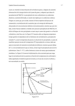 117

Capítulo 9.Aceros de construcción.

ocurre en virtud de la inmovilización de los bordes de grano y subgrano de austenita
(disminución de la energía efectiva de la junta de grano y subgrano) que induce la
precipitación del Nb(CN). La precipitación de estos carbonitruros en condiciones
dinámicas, austenita deformada, es mucho más rápida que en condiciones estáticas.
Téngase en cuenta que, por un lado, tenemos la fuerza impulsora del proceso de
restauración y recristalización de la austenita, que es la energía de deformación
almacenada en la microestructura (defectos microestructurales), mientras que, por otro
lado, existen fuerzas tendentes a retardar estos procesos (precipitación de Nb(CN)). El
efecto de bloqueo de estos precipitados es tanto mayor cuanto más grande es su fracción
volumétrica y más finos son. La Figura 9.15 muestra sobre un diagrama temperaturatiempo genérico la dependencia de los fenómenos de recristalización y precipitación:
tomando T o como la temperatura de puesta en solución de los precipitados, se pone de
manifiesto que por encima de la temperatura TI' la precipitación se retrasa, dado que
opera en una matriz de austenita recristalizada (sin defectos), mientras que por debajo
de T nr es la recristalización la que se retrasa, al tener lugar la precipitación previa de los
carbonitruros. Entre T 1 Y T nr ambos fenómenos ocurren de manera aproximadamente
simultánea. La Figura 9.16 muestra la deformación crítica necesaria para que tenga
lugar la recristalización de la austenita en función de la temperatura de conformado e
indica igualmente el tamaño de grano de la misma, en el caso de un acero al carbono y
otro microaleado con niobio.

Comienzo de la
precipi

Comienzo de la
recristalizaci6n

- - - - Tiempo (lag)

Figura 9.15

 