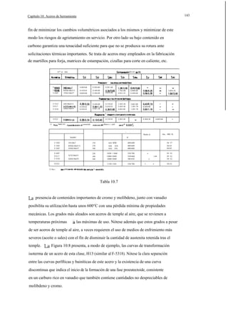 143

Capítulo 10. Aceros de herramienta

fin de minimizar los cambios volumétricos asociados a los mismos y minimizar de este
modo los riesgos de agrietamiento en servicio. Por otro lado su bajo contenido en
carbono garantiza una tenacidad suficiente para que no se produzca su rotura ante
solicitaciones térmicas importantes. Se trata de aceros muy empleados en la fabricación
de martillos para forja, matrices de estampación, cizallas para corte en caliente, etc.
Qu{ml

O"',n·· lón

··
F

0.40/0.60

F
F 6307

F 5313
F5317
F 5318

0.50/1.60

0.35/0.45
0.60/0.60

4ONICrMoV15
55NiCrMoV7

0.30/0.80
0.10/0.40
0.10/0.40

0.65/0.96

3OCrMoV12

0.10/0.40
0.32/0.42
0.35/0.45

X4OCrMoV5

1.70/2.00
0.95/1.25

2.50/3.50
4.50/5.50
4.60/5.60

0.15/0.45
0.25/0.55

0.90/1.20

0.40/0.60
0.30/0.60

2.60/3.00
1.20/1.70
1.20/1.70

-

3.60/4.10

-

-

-

-

0,30/0.60

-

-

.1
F5323

0.15/0.45

10001101

111

contenido

2.50/3.50

f6doro y .zúfr.

0.30/0.50

di

··

.

-

8.60/9.60

Our... HRC ll)

Modio d.
d.

Simb6U
F 5303

35CrMo7

210

810· 850

400·600

28· 37

F 5305
F 5307

4ONICrMoV15
55NICrMoV7

270
240

830·
830·

870
870

400·600
400·600

30·45
30·45

F 6307
F5317
F 5318

X37CrMoV5

1020· 1 060
1000·1040
1000·1040

550·700
550·660
500·650

1150·1 lOO

550·700

X4OCrMoV5

230
240
240

F5323
111 Dur.z..

39· 52

o
o alr.

o
1...

39· 52
39· 52

o

39·52

V

Tabla 10.7

presencia de contenidos importantes de cromo y molibdeno, junto con vanadio
posibilita su utilización hasta unos 600°C con una pérdida mínima de propiedades
mecánicas. Los grados más aleados son aceros de temple al aire, que se revienen a
temperaturas próximas

las máximas de uso. Nótese además que estos grados a pesar

de ser aceros de temple al aire, a veces requieren el uso de medios de enfrimiento más
severos (aceite o sales) con el fín de disminuir la cantidad de austenita retenida tras el
temple.

Figura 10.8 presenta, a modo de ejemplo, las curvas de transformación

isoterma de un acero de esta clase, H13 (similar al F-5318). Nótese la clara separación
entre las curvas perlfticas y bainíticas de este acero y la existencia de una curva
discontinua que indica el inicio de la formación de una fase proeutectoide, consistente
en un carburo rico en vanadio que también contiene cantidades no despreciables de
molibdeno y cromo.

 