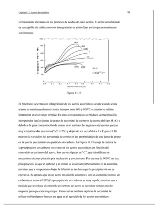Capítulo 11. Aceros inoxidables

169

térmicamente afectadas en los procesos de soldeo de estos aceros. El acero sensibilizado
es susceptible de sufrir corrosión intergranular en atmósferas en las que normalmente
son inmunes.
1200

-soc
1000

ui
UJ

oc

soo

25C
UJ

600

95 C

Z

400

304 SS

Z

200

o
0.0

__
0.1

0.2

__
0.3

0.4

0.5

0.6

0.7

O.S

ENGINEERING STRAIN

Figura 11.17

El fenómeno de corrosión intergranular de los aceros austeníticos ocurre cuando estos
aceros se mantienen durante ciertos tiempos entre 600 y 800°C o cuando se enfrían
lentamente en este rango térmico. En estas circunstancias se produce la precipitación
intergranular (en las juntas de grano de austenita) de carburos de cromo del tipo M 23C6 y
debido a la gran concentración de cromo en el carburo, las regiones adyacentes quedan
muy empobrecidas en cromo (%Cr<12%) y dejan de ser inoxidables. La Figura 11.18
muestra la variación del porcentaje de cromo en las proximidades de una junta de grano
en la que ha precipitado una partícula de carburo. La Figura 11.19 reneja la cinética de
la precipitación de carburos de cromo en los aceros austeníticos en función del
contenido en carbono del acero. Son curvas típicas en "C", que identifican un
mecanismo de precipitación por nucleación y crecimiento. Por encima de 900°C no hay
precipitación, ya que el carbono y el cromo se disuelven perfectamente en la austenita,
mientras que a temperaturas bajas la difusión es tan lenta que la precipitación no es
operativa. Se aprecia que en un acero inoxidable austenítico con un contenido normal de
carbono (en torno a 0.08%) la precipitación de carburos es muy rapida, mientras que a
medida que se reduce el contenido en carbono del acero se necesitan tiempos mucho
mayores para que ésta tenga lugar. Estas curvas también explican la necesidad de
utilizar enfriamientos bruscos en agua en el recocido de los aceros austeníticos.

 