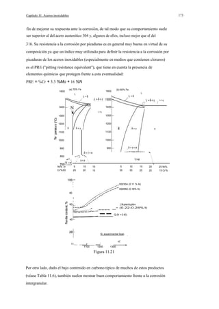 173

Capítulo 11. Aceros inoxidables

fín de mejorar su respuesta ante la corrosión, de tal modo que su comportamiento suele
ser superior al del acero austenítico 304 y, algunos de ellos, incluso mejor que el del
316. Su resistencia a la corrosión por picaduras es en general muy buena en virtud de su
composición ya que un índice muy utilizado para definir la resistencia a la corrosión por
picaduras de los aceros inoxidables (especialmente en medios que contienen cloruros)
es el PRE ("pitting resistance equivalent"), que tiene en cuenta la presencia de
elementos químicos que protegen frente a esta eventualidad:
PRE = %Cr + 3.3 %Mo + 16 %N
1600

(a) 70% Fe

(b) 60% Fe

1600

L

L

/

//

L+y

1400

1400
L+y

1300

1300

1200

1200

1100

1100

1000

1000

900

900

E





800
I

I



I

5
25









I

Ni% o
Cr%30





I

10
20

5
35

15
15

10
30

15
25

20
20

,
25 Ni%
15 Cr%

832304 (0.11 % N)

I
1

832550 (0.18% N)

-

80
1
1

60

--

·..·..··""

----

40

_-

} 8uperduplex
(0.22-0.28% N)

Q (N = 0.40)

1

Q: experimental heat I

O I_ _

oC

__
1100

1200

1300

Figura 11.21

Por otro lado, dado el bajo contenido en carbono típico de muchos de estos productos
(véase Tabla 11.6), también suelen mostrar buen comportamiento frente a la corrosión
intergranular.

 