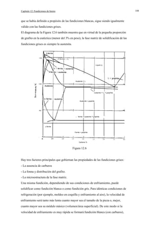 188

Capítulo 12. Fundiciones de hierro

que se había definido a propósito de las fundiciones blancas, sigue siendo igualmente
válido con las fundiciones grises.
El diagrama de la Figura 12.6 también muestra que en virtud de la pequeña proporción
de grafito en la eutéctica (menor del 3% en peso), la fase matriz de solidificación de las
fundiciones grises es siempre la austenita.

1500

Liquid (L)

Austenite + L
1200

a.

rustenite + L + graphite

E

Austenite + graphite

900

Q.

ferrite + austenite + graphite

u·ferrite

Ferrite + graphite
60

o

0.5

1.0

1.5

2.0

2.5

3.0

3.5

4.0

Carbono %

Figura 12.6

Hay tres factores principales que gobiernan las propiedades de las fundiciones grises:
- La ausencia de carburos
- La fonna y distribución del grafito.
- La microestructura de la fase matriz.
Una misma fundición, dependiendo de sus condiciones de enfriamiento, puede
solidificar como fundición blanca o como fundición gris. Para idénticas condiciones de
refrigeración (por ejemplo, moldeo en coquilla y enfriamiento al aire), la velocidad de
enfriamiento será tanto más lenta cuanto mayor sea el tamaño de la pieza o, mejor,
cuanto mayor sea su módulo másico (volumen/área superficial). De este modo si la
velocidad de enfriamiento es muy rápida se formará fundición blanca (con carburos),

 