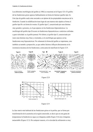 190

Capítulo 12. Fundiciones de hierro

Las diferentes morfologías del grafito (a 100x) se muestran en la Figura 12.8. El grafito
de las fundiciones grises aparece habitualmente en forma de láminas (grafito tipo A).
Este tipo de grafito suele estar asociado a un óptimo de las propiedades mecánicas de la
fundición. Cuando la solidificación tiene lugar de una manera más rápida se forma el
grafito tipo B o en forma de rosetas. El grafito tipo C, caracterizado por unas láminas
muy grandes y groseras, es el que aparece en las fundiciones hipereutécticas. La
morfología del grafito tipo D ocurre en fundiciones hipoeutécticas o eutéctícas enfriadas
a gran velocidad: es el grafito puntual. Por último, el grafito tipo E, caracterizado por
tener unas láminas muy finas y orientadas, es la morfología que aparece en las
fundiciones muy hipoeutécticas. No solamente la forma del grafito es importante, sino
también su tamaño y proporción, ya que ambos factores influyen directamente en la
resistencia mecánica de las fundiciones, como pone de manifiesto la Figura 12.9.
Type B

Type A

Unilorm di.tribulion,
rondom oru,ntohon

Type

Roselle

e

Type E

Interdendritic seQreQolion,
preferred orlentotion

lnterdendritlc

Superimposed tloke
rondo m orlenlation

rondom orientotion

rondom

Figura 12.8
415
a..
345
c:

c:

100
3.25

3.5

3.75

4.0

4.25

4.5

4.75

275
205
135
0.125

0.25

0.375

0.50

0.635

0.75

0.90

Maximum flake length, mm

Carbon equivalent, %

Figura 12.9

La fase matriz más habitual de las fundiciones grises es la perlita, que se forma por
transformación de la austenita en la región eutectoide, es decir que en esta gama de
temperaturas la fundición no sigue ya el diagrama estable (Figura 12.6) sino el diagrama
metaestable (Figura 12.3). De cualquier manera, si la velocidad de enfriamento es muy

 