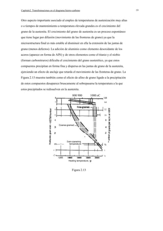 19

Capítulo2. Transfonnaciones en el diagrama hierro-carbono

Otro aspecto importante asociado al empleo de temperaturas de austenización muy altas
o a tiempos de mantenimiento a temperatura elevada grandes es el crecimiento del
grano de la austenita. El crecimiento del grano de austenita es un proceso espontáneo
que tiene lugar por difusión (movimiento de las fronteras de grano) ya que la
microestructura final es más estable al disminuir en ella la extensión de las juntas de
grano (menos defectos). La adición de aluminio como elemento desoxidante de los
aceros (aparece en forma de AIN) y de otros elementos como el titanio y el niobio
(forman carbonitruros) dificulta el crecimiento del grano austenítico, ya que estos
compuestos precipitan en forma fina y dispersa en las juntas de grano de la austenita,
ejerciendo un efecto de anclaje que retarda el movimiento de las fronteras de grano. La
Figura 2.13 muestra también como el efecto de afino de grano ligado a la precipitación
de estos compuestos desaparece bruscamente al sobrepasarse la temperatura a la que
estos precipitados se redisuelven en la austenita.
800 900
8
7

1000 oC

. . I. . .. JJ

128
64

Fine-grained
6

32

+---1

5

16

4

8
Coarse-grained

.
ot---+--1

-2

1

.

Grain-coarsening
temperature

'/4

1400
1600
1800
Heating temperature.

Figura 2.13

z

2000

'/a

 