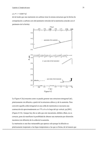 28

Capítulo 4. Temple del acero

c/a = 1 + 0.045 %C
de tal modo que una martensita sin carbono tiene la misma estructura que la ferrita (la
extrapolación a carbono cero del parámetro reticular de la martensita coincide con el
parámetro de la ferrita).
at

o

0'95

e

1'90

3'80

4,75

3·66

3·62
8-

parameter ef fcc austenite

3·58

3'54

3'50
3.02

e - para meter ef bet manensite 
2'98

2·94

2·90
8-

para meter ef bet manensite

2.86,--2.82

__J

__

O

0'4

0·6

0·8

1·0

e
Figura 4.2
wt

"4

La Figura 4.3(a) muestra como se puede generar una estructura tetragonal (a'),
prácticamente sin difusión, a partir de la estructura cúbica (y) de la austenita. Para
convertir aquella celda tetragonal en una celda de martensita es necesaria una
contracción de aproximadamente un 17% a lo a lo largo del eje vertical, eje [001]
(Figura 4.3.b). Aunque hoy día se sabe que este mecanismo, debido a Bain, no es
correcto, pone de manifiesto la posiblidad de obtener una martensita por distorsión
mecánica (sin difusión) de la celda de la austenita.
La martensita es una fase metaestable que aparece solo porque la difusión es
prácticamente inoperante a las bajas temperaturas a las que se forma, de tal manera que

 