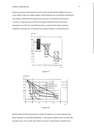 34

Capítulo 4. Temple del acero

primera corta para evitar alcanzar las curvas de la transformación perlftica del acero, a
la que debería seguir una etapa segunda caracterizada por una velocidad de enfriamiento
muy rápida y finalmente una etapa tercera en la que la velocidad de enfriamiento
volviera a ser baja para que en ella tuviera lugar la transformación martensítica
lentamente, con el fín de evitar deformaciones y la aparición de fuertes tensiones
residuales, motivadas por el incremento de volumen inherente a la transformación.
Tlmperaturl
'C
1000

800
700
600

300
200
100

Con'lction

o

10

15

20

25

Timo 5

Figura 4.7
Temp,rQture

·C
800
700

3 ./. brine

600

HQrdening oil A

Tap WQter
HQrdeni ng oi 1 B

500

Di! emulsion

300
200
100
O

O

S

10

15

20

2S

30
Time

5

Figura 4.8

Resulta entonces dificil caracterizar un medio de temple por un único parámetro que
defina fielmente su capacidad refrigerante. A este respecto, deben tenerse en cuenta dos
consideraciones. Por un lado está el flujo de calor que se dirije desde la superficie de la

 