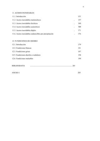 iii

11. ACEROS INOXIDABLES
11.1. Introducción

153

11.2. Aceros inoxidables martensíticos

..

157

11.3. Aceros inoxidables ferríticos

..

160

11.4. Aceros inoxidables austeníticos

..

164

11.5. Aceros inoxidables dúplex

..

171

11.6. Aceros inoxidables endurecibles por precipitación

..

176

12. FUNDICIONES DE HIERRO
12.1. Introducción

179

12.2. Fundiciones blancas

181

12.3. Fundiciones grises

187

12.5. Fundiciones dúctiles o nodulares

194

12.6. Fundiciones maleables

199

BIBLIOGRAFlA

ANEXO 1

........................................................................................... 201

203

 