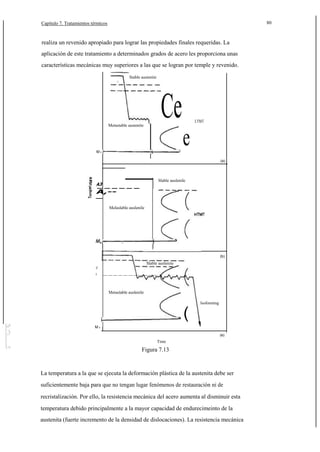 80

Capítulo 7. Tratamientos térmicos

realiza un revenido apropiado para lograr las propiedades finales requeridas. La
aplicación de este tratamiento a determinados grados de acero les proporciona unas
características mecánicas muy superiores a las que se logran por temple y revenido.
Stable austenite

Ce

Metastable austenite

Ms

e

LTMT

(a)

Slable auslenile

A3

------

A,-_

Melaslable auslenile

(b)

Slable auslenite

A3
A1

-----------

Metaslable auslenile
Isoforming

(
Ms
(e)

Time

Figura 7.13

La temperatura a la que se ejecuta la deformación plástica de la austenita debe ser
suficientemente baja para que no tengan lugar fenómenos de restauración ni de
recristalización. Por ello, la resistencia mecánica del acero aumenta al disminuir esta
temperatura debido principalmente a la mayor capacidad de endurecimeinto de la
austenita (fuerte incremento de la densidad de dislocaciones). La resistencia mecánica

 
