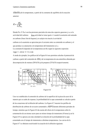 Capítulo 8. Tratamientos supetficiales

88

COz/CO y de la temperatura, a partir de la constante de equilibrio de la reacción
anterior:

Donde Peo Y Peo2 son las presiones parciales de estas dos especies gaseosas y ac es la
actividad del carbono.

actividad se toma igual a 1 cuando la austenita está saturada

en carbono (linea Acm del diagrama) y en cualquier otra situación, la actividad del
carbono en la austenita se aproxima por el cociente entre su contenido en carbono y el
que produce su saturación a la temperatura del tratamiento (c/cs)'
La constante K depende de la temperatura (en K) según la siguiente expresión:
10gK = - 8918/ T + 9.1148
A modo de ejemplo, los gráficos de la Figura 8.6 nos permiten calcular el potencial de
carbono a partir del contenido de COz y de la temperatura de una atmósfera obtenida por
descomposición de metano (20%CO) y de propano (23%CO) respectivamente.
1.6
1.2

1.2
0.8
0.4
0.01 0.02

0.05 0.1

0.2

0.5 1.0 2.0

5.0
0.02

CO 2 · vol %

0.05 0.1

0.2

0.5

1.0

2.0

5.0

CO 2 · vol%

Figura 8.6

Una vez establecido el contenido de carbono de la superficie de la pieza de acero de la
manera que se acaba de exponer, la profundidad de la capa cementada se calcula a partir
de las ecuaciones de la difusión del carbono. La Figura 8.7 muestra los perfiles de
distribución de carbono de un acero cementado a 925°C durante diferentes periodos de
tiempo, mientras que la Figura 8.8 da cuenta del efecto de la temperatura sobre la
cementación de un mismo acero para un mismo tiempo de tratamiento (8 horas) y en la
Figura 8.9 se aprecia con más claridad la evolución de la profundidad de la capa
cementada con el tiempo de tratamiento a distintas temperaturas. Las curvas de la
Figura 8.7 se obtienen resolviendo la ecuación de la difusión siguiente:

 