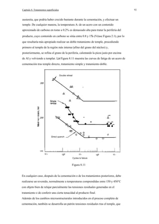 92

Capítulo 8. Tratamientos supetficiales

austenita, que podría haber crecido bastante durante la cementación, y efectuar un
temple. De cualquier manera, la temperatura A3 de un acero con un contenido
aproximado de carbono en tomo a 0.2% es demasiado alta para tratar la periferia del
producto, cuyo contenido en carbono se sitúa entre 0.8 y 1% (Véase Figura 2.1), por lo
que resultaría más apropiado realizar un doble tratamiento de temple, procediendo
primero al temple de la región más interna (afino del grano del núcleo) y,
posteriormente, se refina el grano de la periferia, calentando la pieza justo por encima
de Al y volviendo a templar. La Figura 8.11 muestra las curvas de fatiga de un acero de
cementación tras temple directo, tratamiento simple y tratamiento doble.

Double reheal

300

·

E 200
E

·
o

Direcl quench

o

O

100
10 3

10 5

10 7

Cycles lo failure

Figura 8.11

En cualquier caso, después de la cementación o de los tratamientos posteriores, debe
realizarse un revenido, normalmente a temperaturas comprendidas entre 150 y 450°C
con objeto bien de relajar parcialmente las tensiones residuales generadas en el
tratamiento o de conferir una cierta tenacidad al producto final.
Además de los cambios microestructurales introducidos en el proceso completo de
cementación, también se desarrolla un patrón tensiones residuales tras el temple, que

 