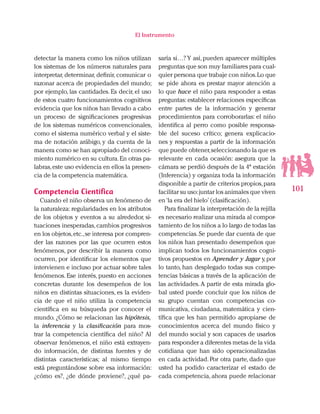 101
El Instrumento
detectar la manera como los niños utilizan
los sistemas de los números naturales para
interpretar, determinar, definir, comunicar o
razonar acerca de propiedades del mundo;
por ejemplo, las cantidades. Es decir, el uso
de estos cuatro funcionamientos cognitivos
evidencia que los niños han llevado a cabo
un proceso de significaciones progresivas
de los sistemas numéricos convencionales,
como el sistema numérico verbal y el siste-
ma de notación arábigo, y da cuenta de la
manera como se han apropiado del conoci-
miento numérico en su cultura.En otras pa-
labras,este uso evidencia en ellos la presen-
cia de la competencia matemática.
Competencia Científica
Cuando el niño observa un fenómeno de
la naturaleza: regularidades en los atributos
de los objetos y eventos a su alrededor, si-
tuaciones inesperadas,cambios progresivos
en los objetos,etc.,se interesa por compren-
der las razones por las que ocurren estos
fenómenos, por describir la manera como
ocurren, por identificar los elementos que
intervienen e incluso por actuar sobre tales
fenómenos. Ese interés, puesto en acciones
concretas durante los desempeños de los
niños en distintas situaciones, es la eviden-
cia de que el niño utiliza la competencia
científica en su búsqueda por conocer el
mundo. ¿Cómo se relacionan las hipótesis,
la inferencia y la clasificación para mos-
trar la competencia científica del niño? Al
observar fenómenos, el niño está extrayen-
do información, de distintas fuentes y de
distintas características; al mismo tiempo
está preguntándose sobre esa información:
¿cómo es?, ¿de dónde proviene?, ¿qué pa-
saría si…? Y así, pueden aparecer múltiples
preguntas que son muy familiares para cual-
quier persona que trabaje con niños.Lo que
se pide ahora es prestar mayor atención a
lo que hace el niño para responder a estas
preguntas: establecer relaciones específicas
entre partes de la información y generar
procedimientos para corroborarlas: el niño
identifica al perro como posible responsa-
ble del suceso crítico; genera explicacio-
nes y respuestas a partir de la información
que puede obtener,seleccionando la que es
relevante en cada ocasión: asegura que la
cámara se perdió después de la 4ª estación
(Inferencia) y organiza toda la información
disponible a partir de criterios propios,para
facilitar su uso:juntar los animales que viven
en‘la era del hielo’(clasificación).
Para finalizar la interpretación de la rejilla
es necesario realizar una mirada al compor-
tamiento de los niños a lo largo de todas las
competencias. Se puede dar cuenta de que
los niños han presentado desempeños que
implican todos los funcionamientos cogni-
tivos propuestos en Aprender y Jugar y, por
lo tanto, han desplegado todas sus compe-
tencias básicas a través de la aplicación de
las actividades. A partir de esta mirada glo-
bal usted puede concluir que los niños de
su grupo cuentan con competencias co-
municativa, ciudadana, matemática y cien-
tífica que les han permitido apropiarse de
conocimientos acerca del mundo físico y
del mundo social y son capaces de usarlos
para responder a diferentes metas de la vida
cotidiana que han sido operacionalizadas
en cada actividad. Por otra parte, dado que
usted ha podido caracterizar el estado de
cada competencia, ahora puede relacionar
 
