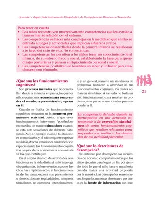 21
Aprender y Jugar, Guia Instrumento Diagnóstico de Competencias Básicas en Transición
Para tener en cuenta
•	 Los niños reconstruyen progresivamente competencias que les ayudan a
transformar su relación con el entorno.
•	 Las competencias se hacen más complejas en la medida en que el niño se
enfrenta a juegos y actividades que implican esfuerzos y retos.
•	 Las competencias desarrolladas desde la primera infancia se reelaboran
a lo largo del ciclo de vida. No son estáticas.
•	 Las competencias les permiten a los niños tener un conocimiento de sí
mismos, de su entorno físico y social, estableciendo la base para apren-
dizajes posteriores y para su enriquecimiento personal y social.
•	 Las competencias posibilitan en los niños un saber y un hacer para rela-
cionarse con el mundo.
¿Qué son los funcionamientos
cognitivos?
Son procesos mentales que se desarro-
llan desde la infancia temprana,los que los
niños usan como recursos para compren-
der el mundo, representárselo y operar
en él.
Cuando se habla de funcionamientos
cognitivos pensamos en la mente en per-
manente actividad, debido a que estos
funcionamientos intervienen “poniéndose
en marcha”de manera simultánea cuando
se está ante situaciones de diferente natu-
raleza.Así por ejemplo, cuando la situación
es comunicativa y el niño requiere expresar
sus ideas,deseos,emociones o intereses,son
especialmente los funcionamientos cogniti-
vos propios de la competencia comunicati-
va los que contribuyen.
En el amplio abanico de actividades o si-
tuaciones de la vida diaria,el niño interroga
circunstancias, infiere eventos, supone he-
chos,hace hipótesis sobre el funcionamien-
to de las cosas, expresa sus pensamientos
o deseos, abstrae regularidades, interpreta
situaciones, se comporta intencionalmen-
te y en general, resuelve un sinnúmero de
problemas mediante la actividad de sus
funcionamientos cognitivos, los cuales ac-
túan en simultáneo.A menudo no basta un
sólo funcionamiento para resolver un pro-
blema,sino que se acude a varios para res-
ponder a él.
La competencia del niño durante su
participación en una actividad co-
rresponde a la expresión simultá-
nea de varios funcionamientos cog-
nitivos que resultan relevantes para
responder con sentido a las deman-
das de esa actividad particular.
¿Qué son lo descriptores de
desempeños?
Se entiende por desempeño las secuen-
cias de acción o comportamientos que los
niños ejecutan para lograr un fin,por ejem-
plo todo lo que el niño hace o manifiesta
cuando realiza una actividad propuesta
por la maestra.Los desempeños son enton-
ces,lo que las maestras observan y por tan-
to, es la fuente de información con que
 