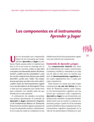 25
Aprender y Jugar, Guia Instrumento Diagnóstico de Competencias Básicas en Transición
U
na vez alcanzada una comprensión
básica de los conceptos que funda-
mentan Aprender y Jugar, la pro-
fesora Clarita avanza sobre el material que
hay en él; es así como se interroga por su
contenido en concreto, ¿cómo es que tales
conceptos son plasmados dentro del Instru-
mento?, ¿cuáles son las actividades?, ¿cuá-
les son las competencias básicas que podrá
describir?, ¿serán esas “todas” las compe-
tencias que tiene un niño a los cinco años?,
¿cuáles serán los funcionamientos cogniti-
vos y sus descriptores de desempeño?.Estas
y otras que son preguntas que Clarita tiene
para compartir con ustedes, serán las que
abordemos en este apartado.
A continuación las maestras encuentran
una primera aproximación al contenido de
Aprender y Jugar, Instrumento Diagnósti-
co de Competencias Básicas en Transición.
Posteriormente hallarán algunos ejemplos de
lo que los estudiantes realizan cotidianamen-
te en el aula,los cuales se constituyen en ma-
nifestaciones de los funcionamientos cogniti-
vos y por ende de sus competencias.
Contenido de Aprender y Jugar:
Las competencias básicas que abor-
da el Instrumento son cuatro: comunicativa,
ciudadana,científica y matemática,en cada
una de ellas, el niño pone en marcha una
serie de funcionamientos cognitivos de
los cuales registraremos tres o cuatro por
cada competencia.
Debe tenerse en cuenta que estas cuatro
competencias no son las únicas que los
niños de Transición poseen, como tampo-
co los funcionamientos cognitivos son los
únicos que componen cada competencia.
Aprender y Jugar es una herramienta con
limitaciones,y también con grandes flexibili-
dades,hecho que es común a cualquier ins-
trumento, porque a partir de él las maestras
pueden identificar otras competencias y fun-
cionamientos cognitivos importantes en la
vida de los preescolares. Confiamos en que
Los componentes en el instrumento
Aprender y Jugar
 